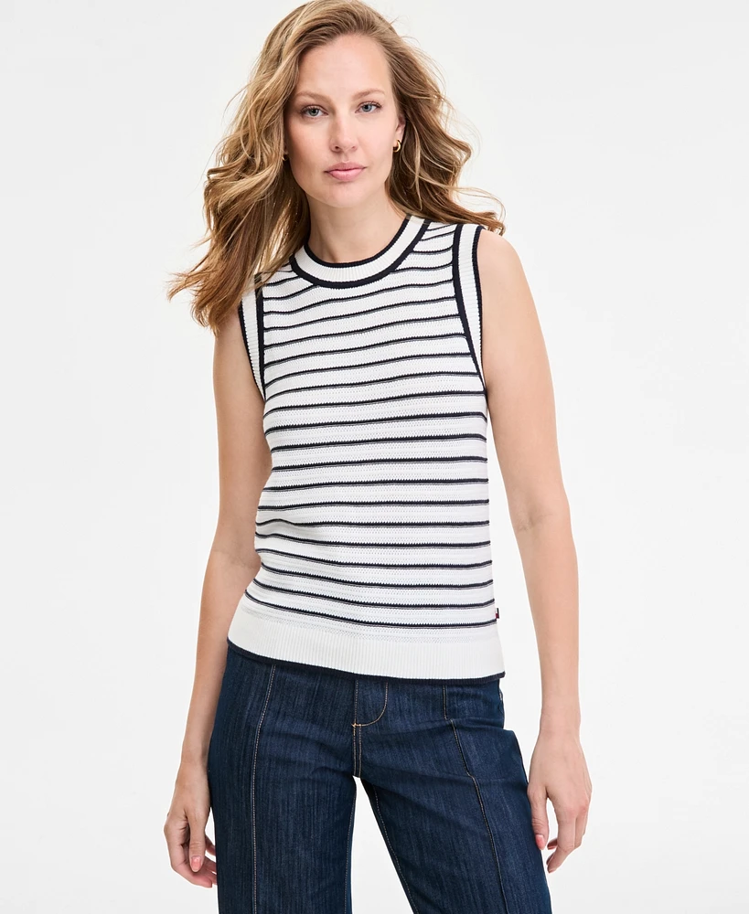 Tommy Hilfiger Women's Striped Basket-Weave Sleeveless Shell Sweater