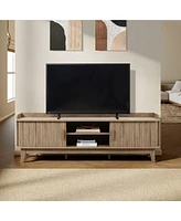 LuxenHome Mid-Century Modern Tambour-Style 2-Door 63-Inch Wide Tv Stand with Tray Top, Oak