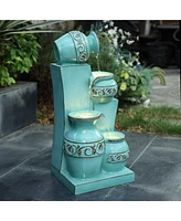 LuxenHome Light Blue 4-Tier Ornate Jugs 2.5-Feet Tall Outdoor Polyresin Fountain with Lights