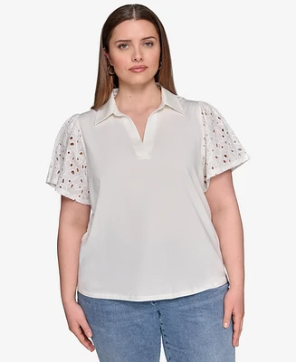 Karl Lagerfeld Paris Plus Mixed-Media Eyelet Top
