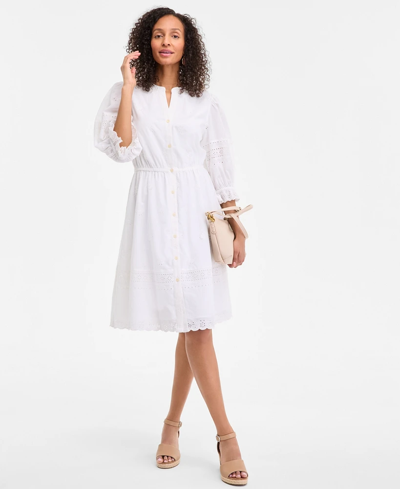 Style & Co Women's 3/4 Sleeve Eyelet Cotton Dress, Exclusively at Macy's