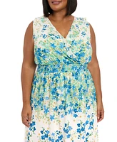 London Times Plus V-Neck Smocked-Waist Midi Dress
