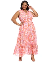 London Times Plus Floral V-Neck Tiered Maxi Dress