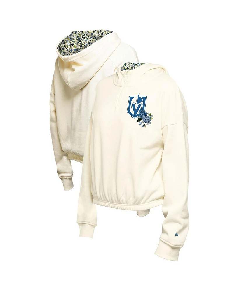 New Era Women's Cream Vegas Golden Knights Glam Game Quarter-Zip Cropped Floral Pullover Hoodie