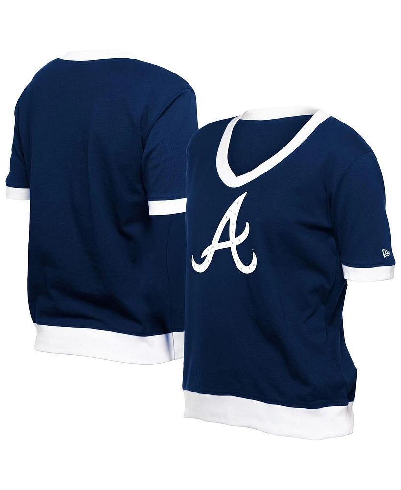 New Era Women's Navy Atlanta Braves Game Day Rhinestone V-Neck T-Shirt