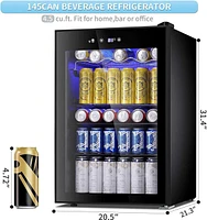 Cowsar 4.4 Cu.ft Beverage Refrigerator Cooler, 145 Can Mini Fridge Glass Door with Adjustable Shelves, Digital Temperature Display, Freestanding Small