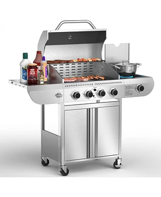 Cowsar Gas Grill,Heavy-Duty Stainless Steel Bbq Grill,4 Burner Gas Grill with Side Burner,42000 Btu Propane Gas Grill for Outdoor Cooking,Barbecue,Gar