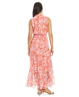 London Times Petite Printed Ruffle-Collar Maxi Dress