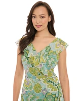 London Times Petite Faux-Wrap Ruffle-Trim Midi Dress
