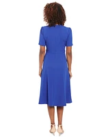 London Times Women's Puff-Sleeve Tab-Detail Fit & Flare Dress