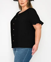 Coin 1804 Plus Eyelet Jersey Button Front Ruffle Sleeve Peasant Top