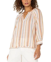 Liverpool Los Angeles Women's Cotton Striped Frayed-Hem Popover Top