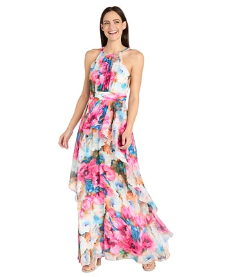 R & M Richards Women's Floral Chiffon Ruffle-Skirt Halter Dress