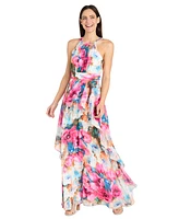 R & M Richards Women's Floral Chiffon Ruffle-Skirt Halter Dress