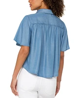 Liverpool Los Angeles Women's Shirred-Shoulder Relaxed Chambray Shirt