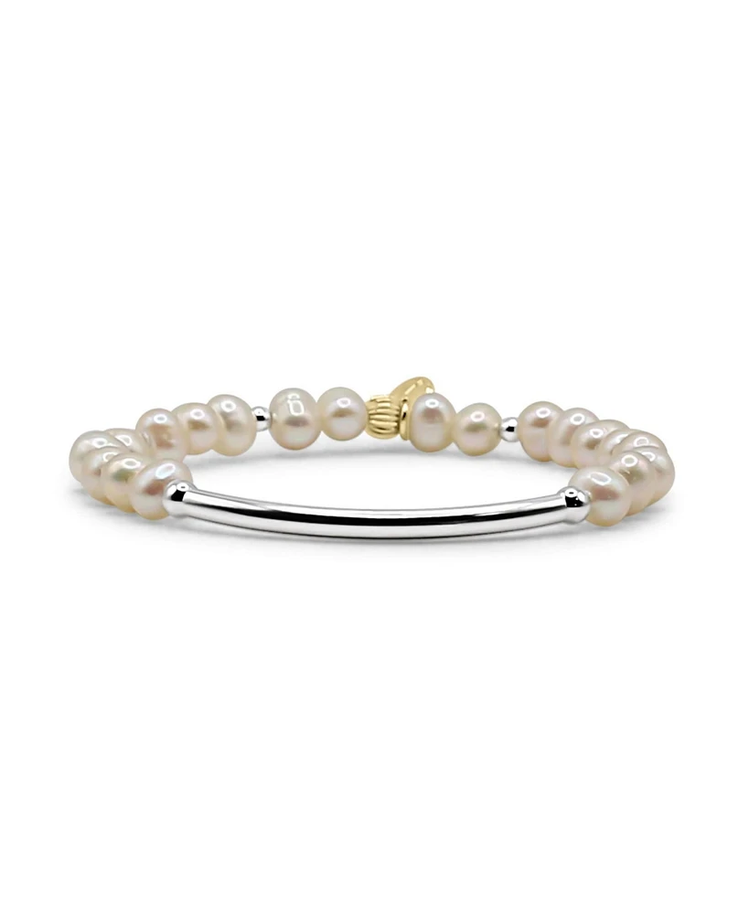 3mm Sterling Silver Bead and Bar with Freshwater Pearls Stretch Bracelet