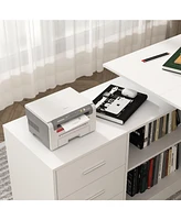 63 in. Width L-Shape Black Wooden 3-Drawer Computer Desk with Adjustable Height, Open Shelves & A Door Storage Cabinet