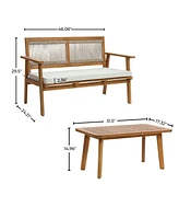 LuxenHome Outdoor Acacia Wood Rope Back Loveseat with Cushions and Coffee Table Set