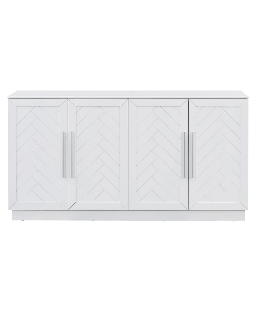 White Sideboard Cabinet with 4 Doors, Adjustable Shelves, and Silver Handles