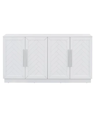 White Sideboard Cabinet with 4 Doors, Adjustable Shelves, and Silver Handles