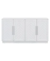 White Sideboard Cabinet with 4 Doors, Adjustable Shelves, and Silver Handles
