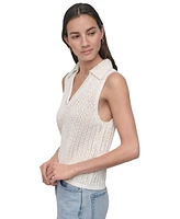 Dkny Jeans Women's Lacey Stitch Collared Sleeveless Sweater