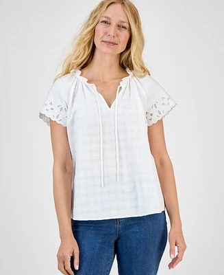 Style & Co Women's Embroidered Cotton Flutter-Sleeve Top, Exclusively at Macy's