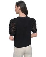 Dkny Jeans Women's Mixed Media Lace-Sleeve Top - BLK