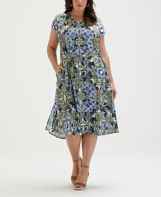 Ella Rafaella Plus Scarf Print Self Tie Short Sleeve Dress