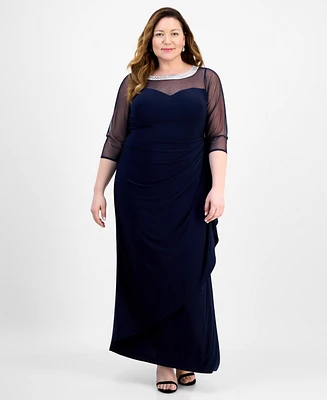 Alex Evenings Plus Illusion-Trim Ruffled Gown