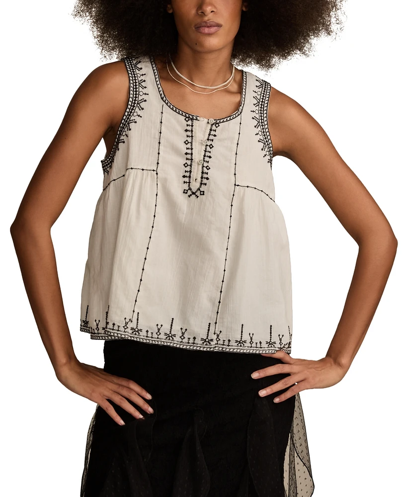 Lucky Brand Women's Cotton Embroidered Henley Racer Tank Top