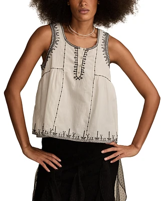 Lucky Brand Women's Cotton Embroidered Henley Racer Tank Top