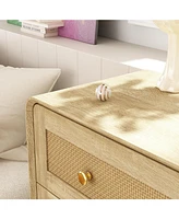 Nightstand with rattan wooden doors, Side table with three drawers and feet, wooden end table in wood colour, Bedside table for bedrooms, living rooms