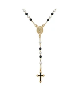 Bling Jewelry Dainty Black & White Pearl Virgin Mary Rosary Necklace with Cross Gold Plated