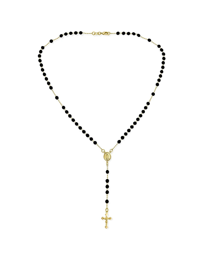 Bling Jewelry Religious Black Bead Rosary Necklace with Virgin Mary and Crucifix Cross Gold Plated