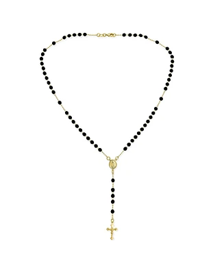 Bling Jewelry Religious Black Bead Rosary Necklace with Virgin Mary and Crucifix Cross Gold Plated