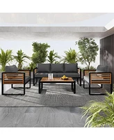 Outdoor 5-Piece Sofa Set with Cushions and Acacia Wood Tabletop