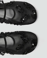 Mango Women's Strap Buckle Embroidered Ballerinas Shoes
