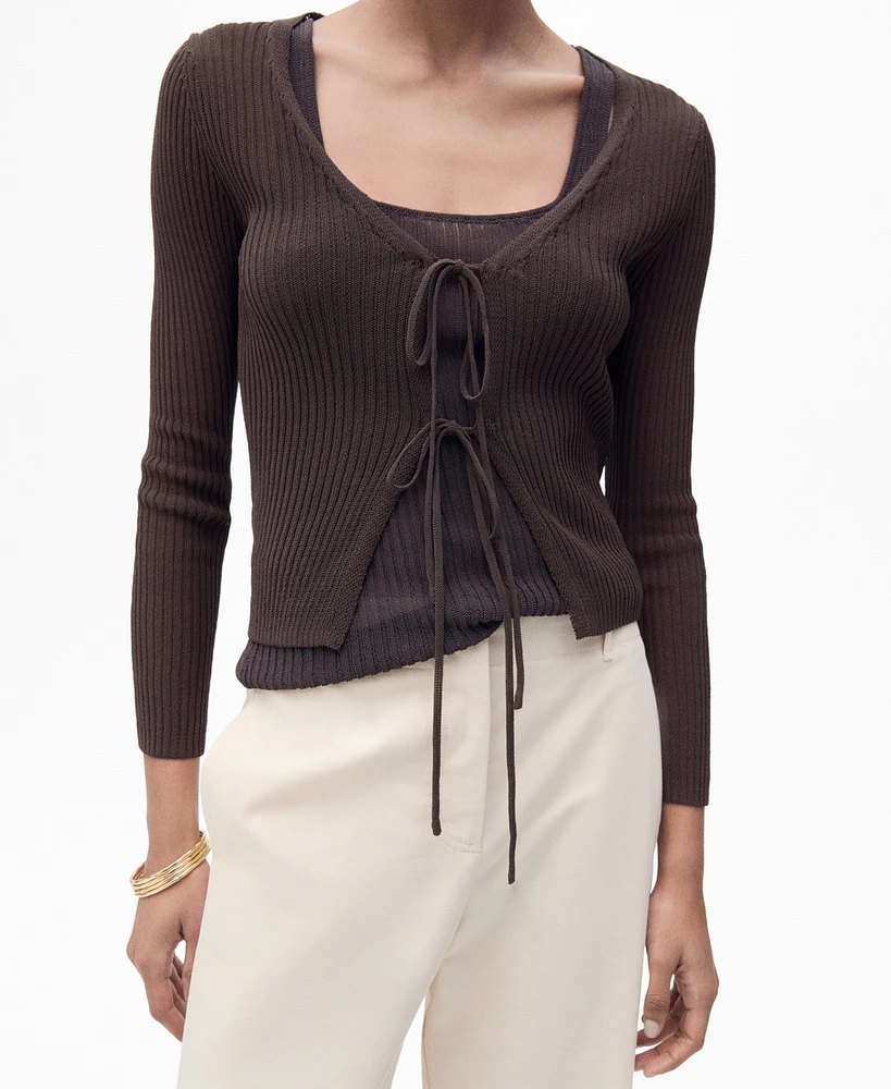 Mango Women's Ribbed Knit Bows Cardigan Sweater