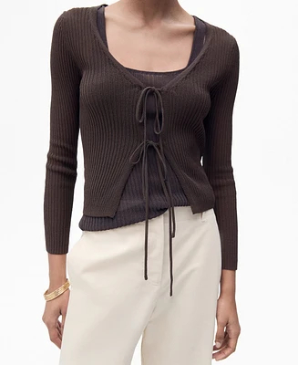 Mango Women's Ribbed Knit Bows Cardigan Sweater
