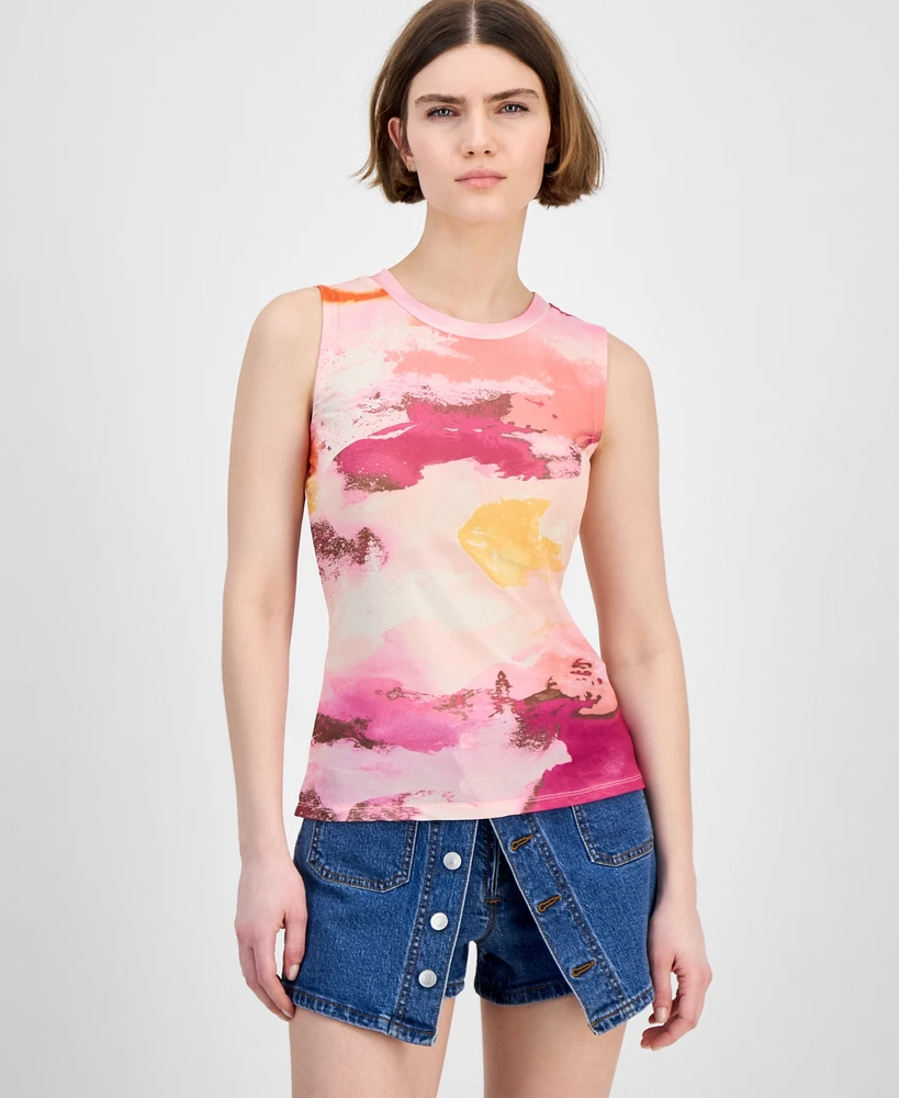 Bar Iii Women's Printed Mesh Crewneck Sleeveless Top, Exclusively at Macy's
