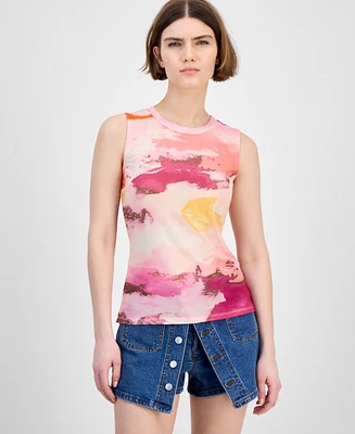 Bar Iii Women's Printed Mesh Crewneck Sleeveless Top, Exclusively at Macy's