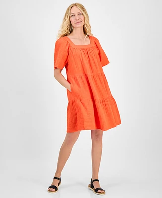Style & Co Women's Cotton Gauze Square-Neck Tiered Dress, Exclusively at Macy's