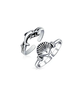 Bling Jewelry Set of 2 Nautical Beach Clam Shell and Dolphin Midi Toe Ring Oxidized Silver