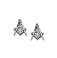 Bling Jewelry Set of 2 Tiny Masonic Freemason Stud Earrings and Brooch Pin Oxidized Silver