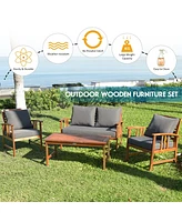 4PCS Wooden Patio Furniture Set Table Sofa Chair Cushioned Garden