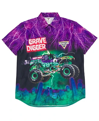 Monster Jam Boys Grave Digger Hawaiian Button Down Dress Shirt