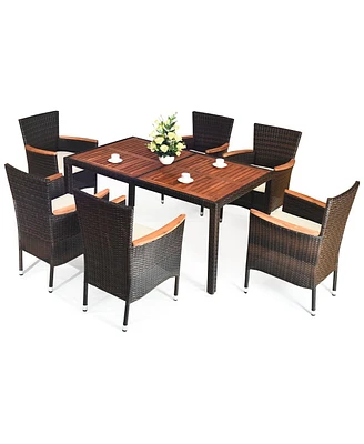 7PCS Patio Rattan Dining Set 6 Stackable Chairs Cushioned