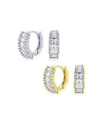 Bling Jewelry Set of 2 Cz Cubic Zirconia Hoop Earrings Emerald Cut Milgrain Edge Huggie Silver Gold Plated