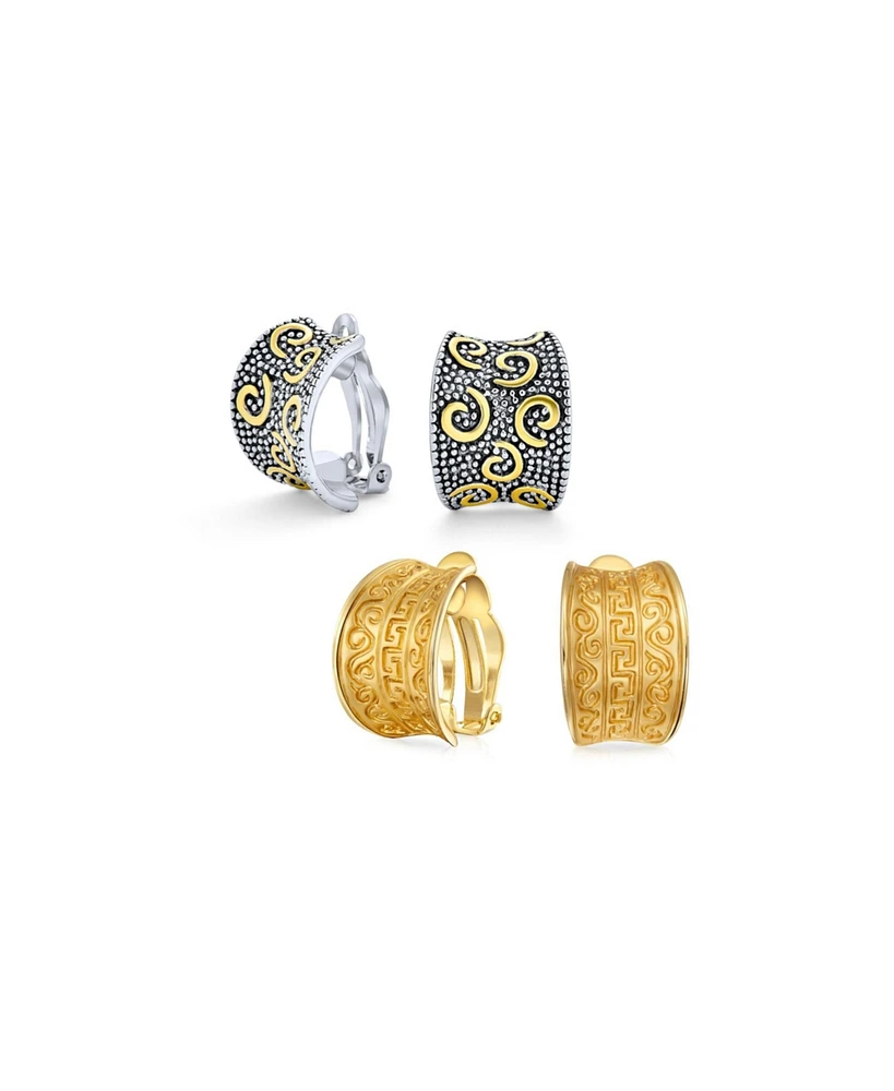 Bling Jewelry Set of 2 Egyptian Greek Bali Swirl Clip-On Earrings Wide Half Hoop Gold Plated